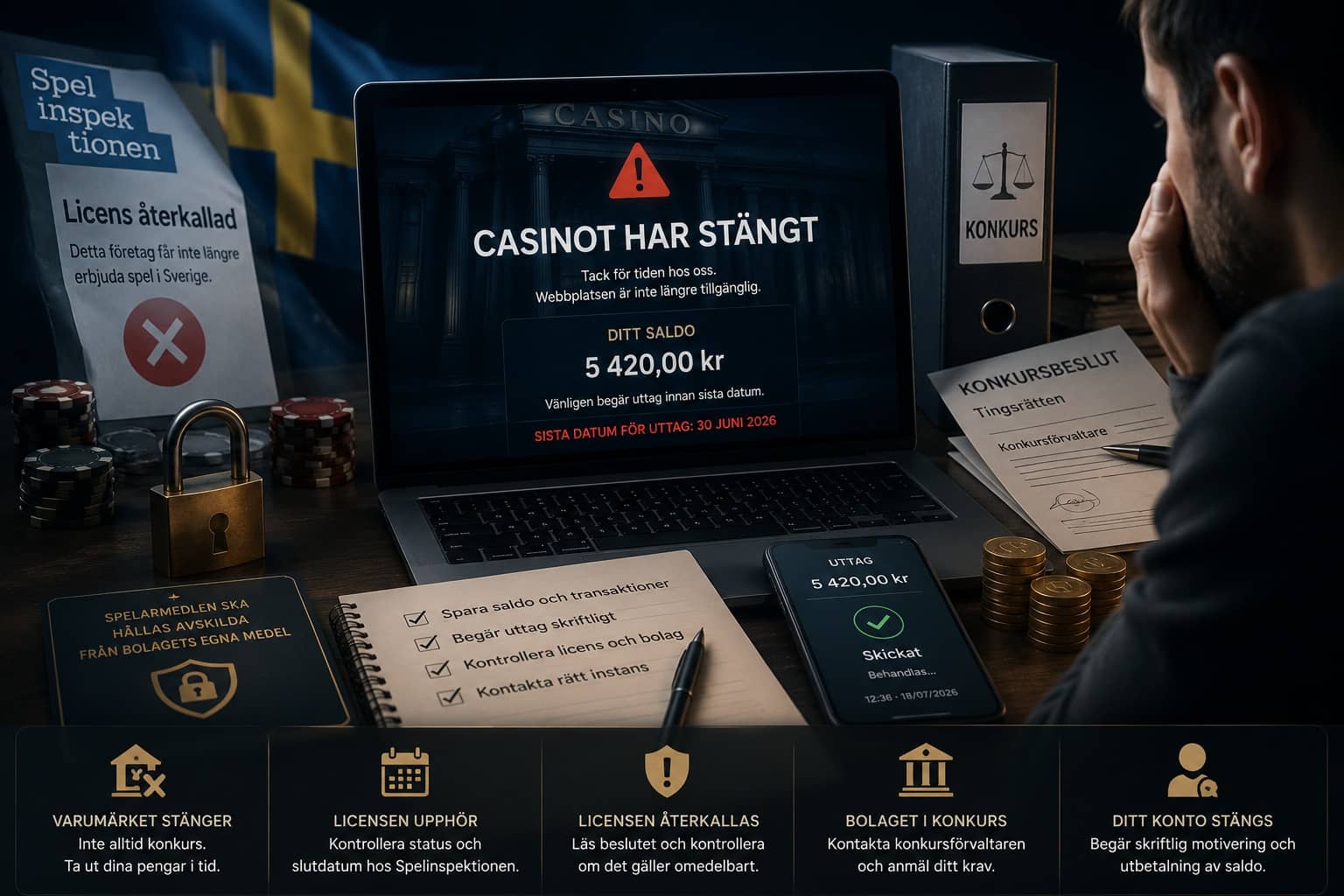 Illustration om vad som händer med saldo och uttag när ett casino stänger, förlorar licensen eller går i konkurs