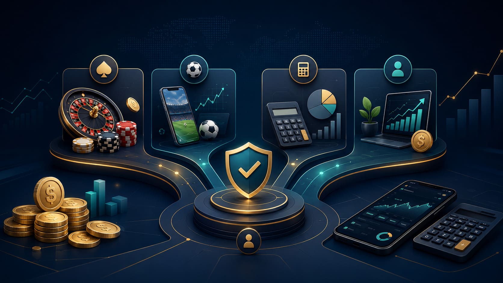 Illustration av VinnaPengar.com med guider för casino, betting, kalkylatorer och sätt att tjäna pengar online